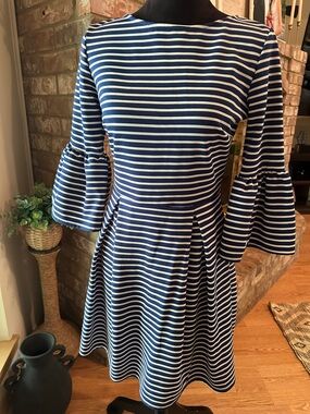 Altar'd State Navy and White Striped Bell-Sleeve Fit & Flare Dress
